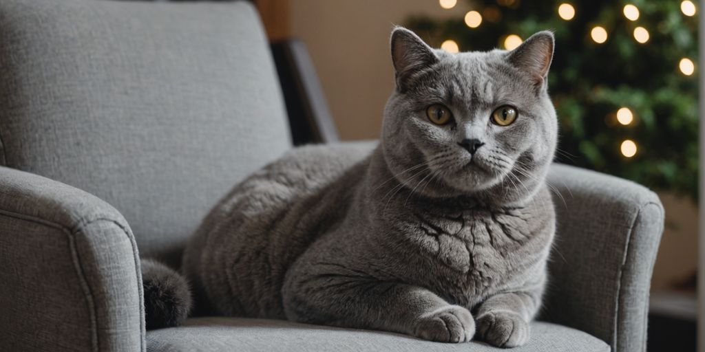 British Shorthair cat lounging on a comfy chair.