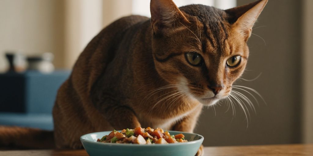 Abyssinian cat enjoying a nutritious meal from its bowl
