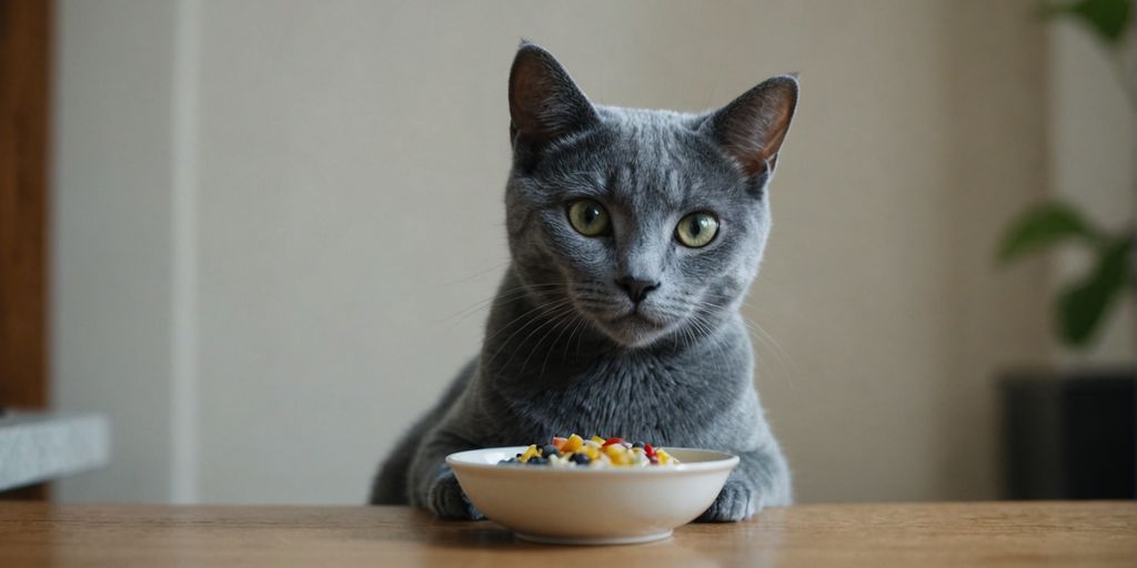 Russian Blue cat enjoying a nutritious meal from bowl