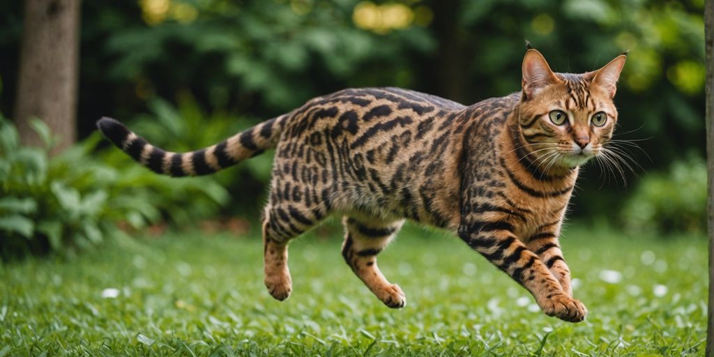 Bengal cat mid-leap in a vibrant garden