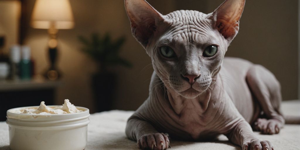 Sphynx cat receiving skincare treatment with various products.