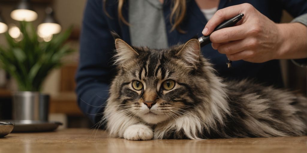 Person brushing a Norwegian Forest cat's fur gently