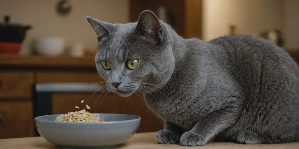Chartreux cat enjoying nutritious food from a bowl