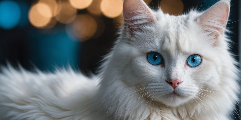 White Turkish Angora cat with blue eyes grooming itself